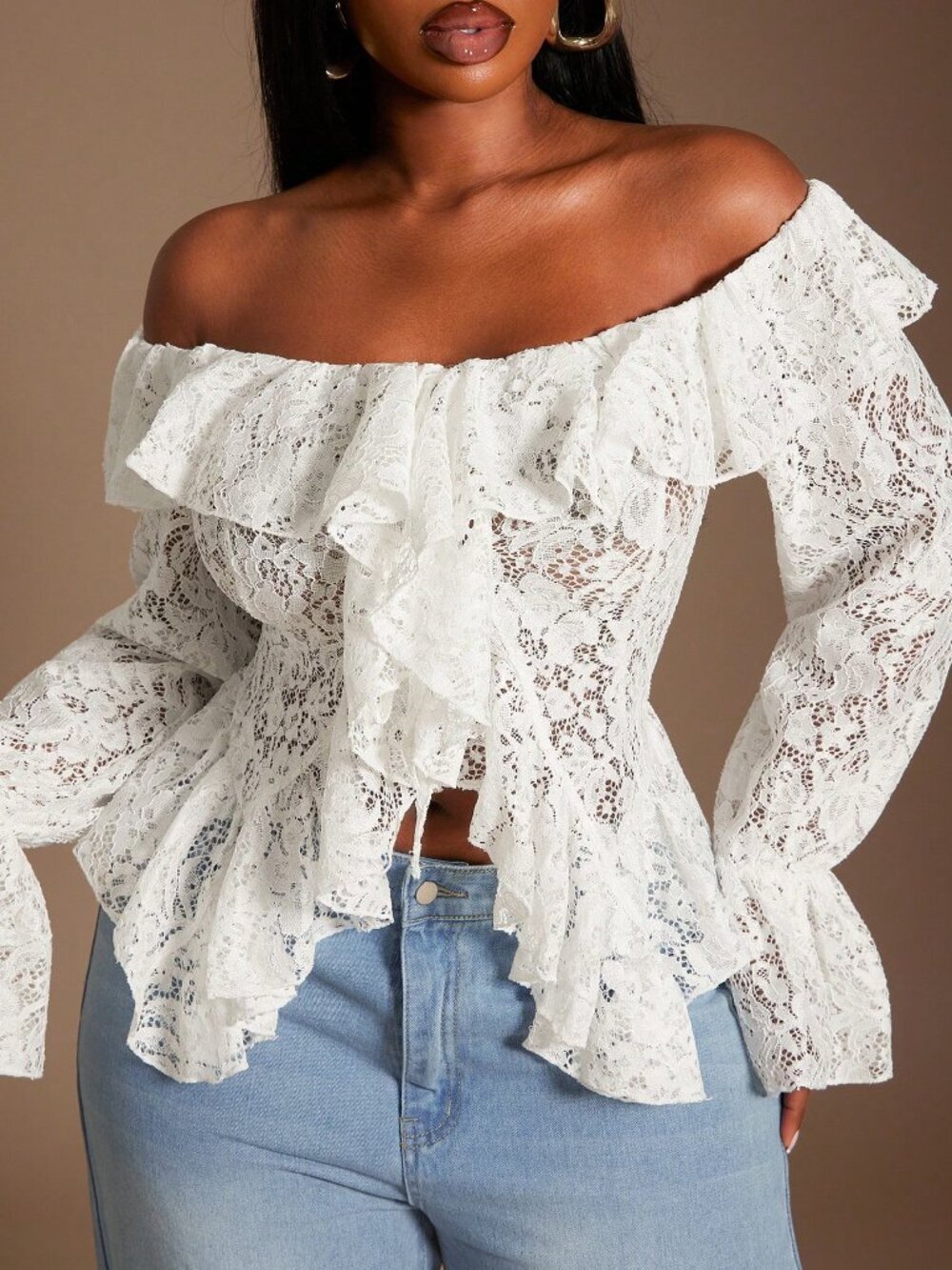 White Casual Women's Knitted Lace Off Shoulder Peplum Blouse With Bell Sleeves